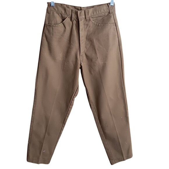 26x27 Vintage Brown Work Pants 1970's Perm Press Steel Talon Zipper Stovepipe - Picture 1 of 7